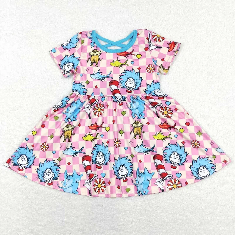 GSD0503 Cat Hat Pink blue Dr Cartoon Girls Short Sleeve Dresses Adventure