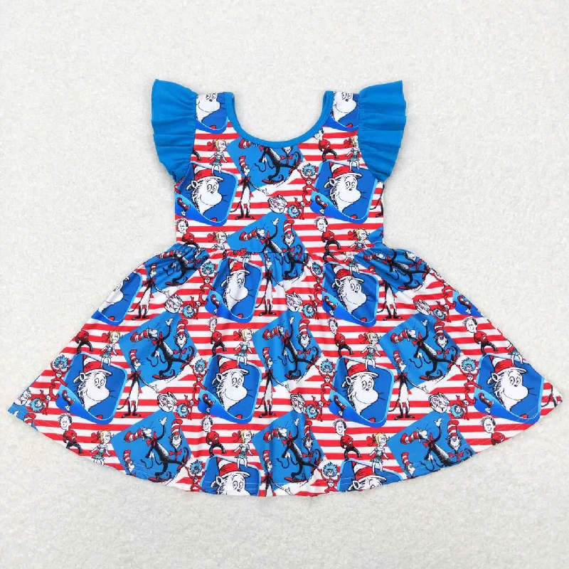 GSD0567 Christmas red blue cat hat Dr Cartoon Girls Flutter Sleeve Dresses Laid