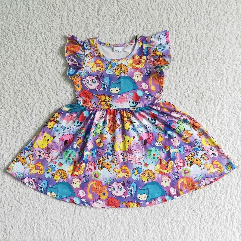 Clearance B10-10 Blue Cartoon Girls Flutter Sleeve Dresses