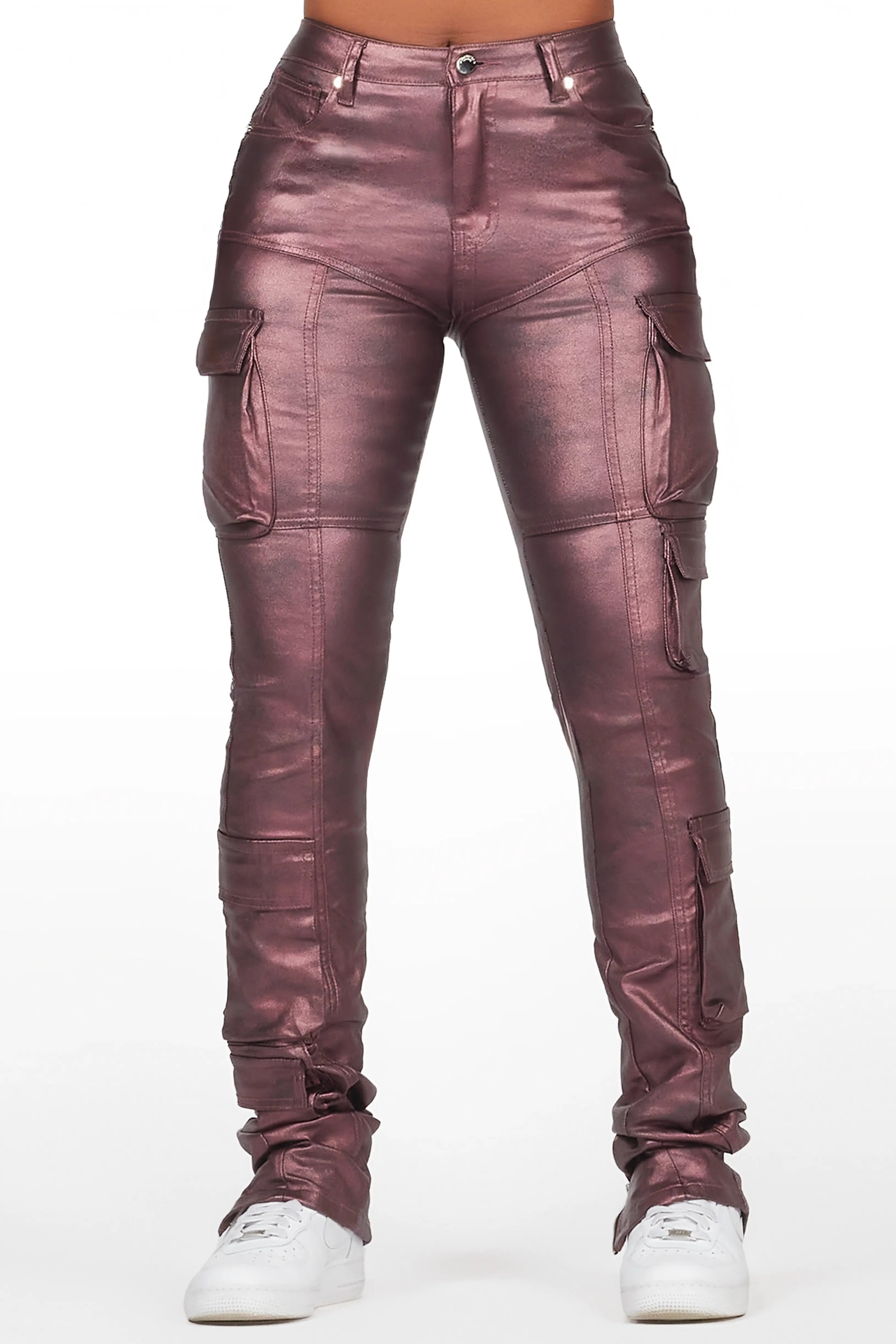 Teeoina Pink Coated Black Skinny Stacked PU Pant Polished Men's Satin