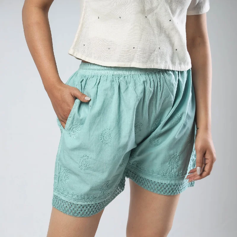 Green - Chikankari Hand Embroidered Cotton Short Rugged Men's Outdoor 