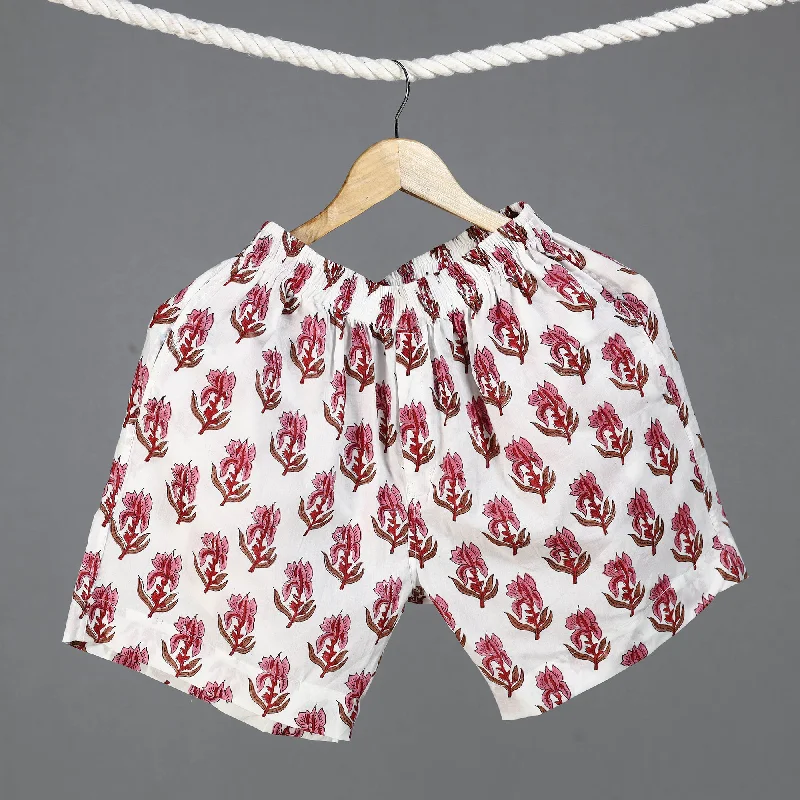 White - Sanganeri Block Printed Cotton Unisex Boxer/Shorts Modern Men's 