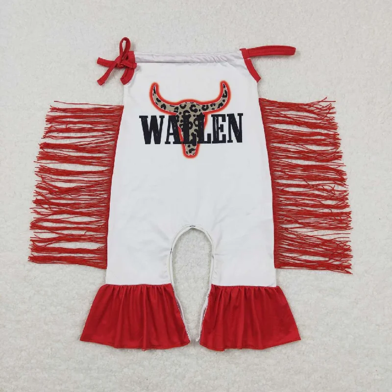 SR0429 Red Western Cow Leopard Tassel Girls Short Sleeve Romper Adventure