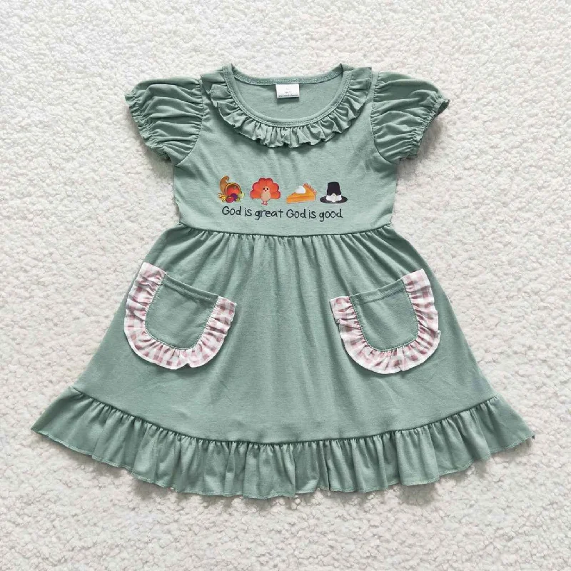 GSD0481 Turkey Thanksgiving Green Pocket Girls Flutter Sleeve Dresses Hip Men's Retro