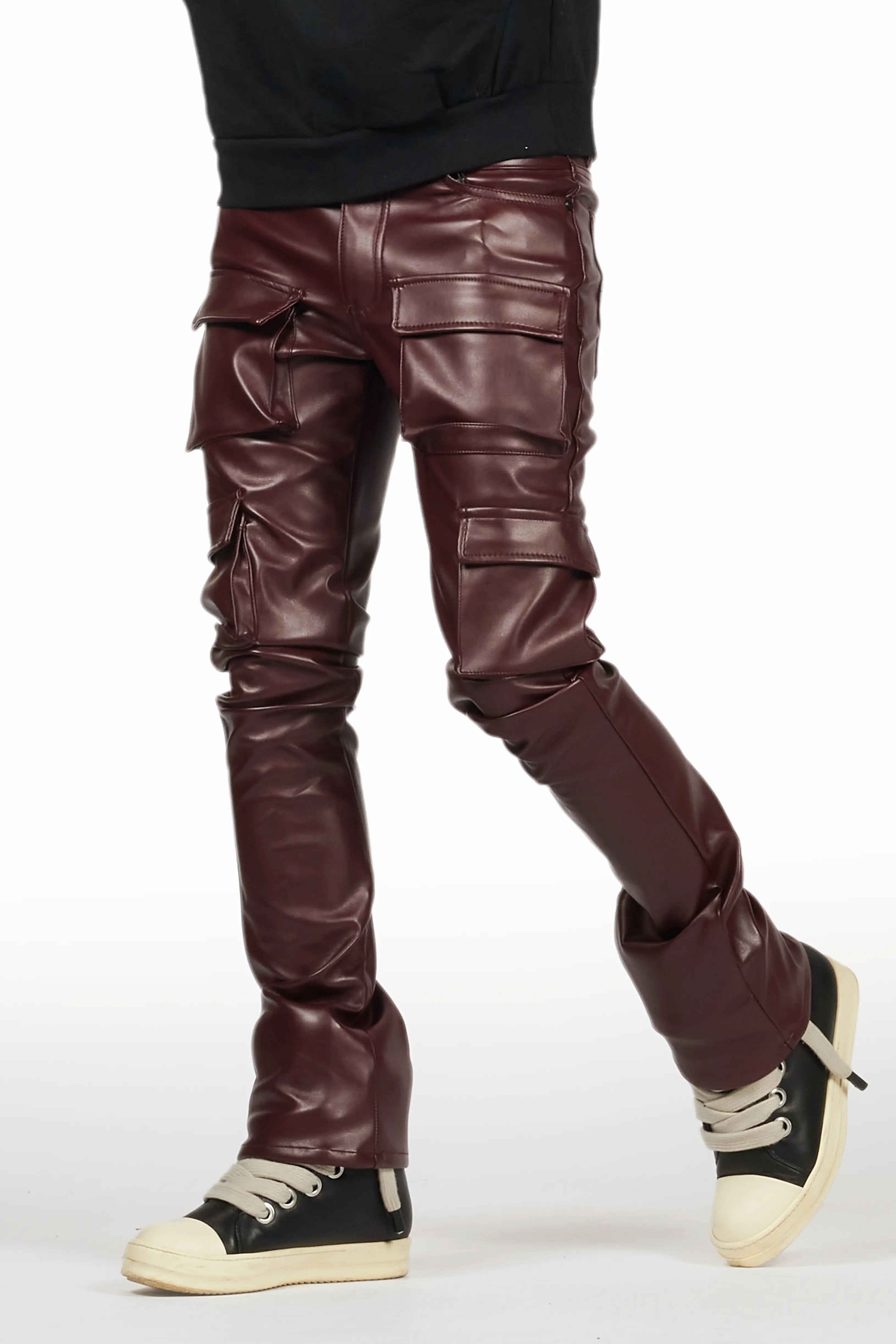 Kap Burgundy Stacked Flare Faux Leather Jean Relaxed Men's Beach