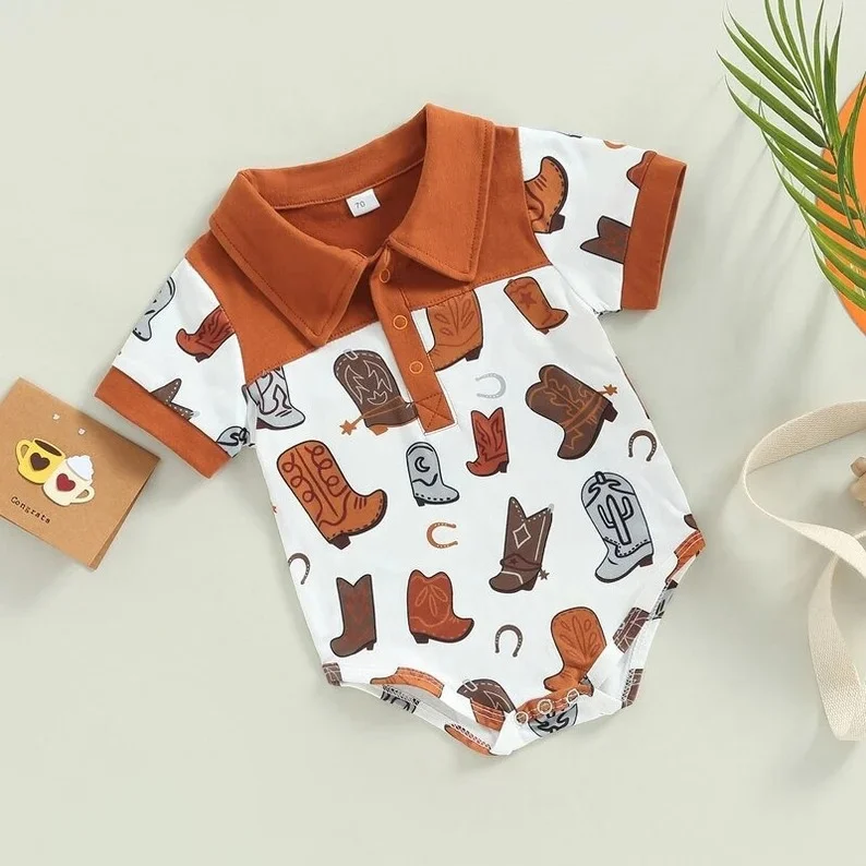 SR0221 Brown Boots Cowboy Western Collar Girls Short Sleeve Romper Organic