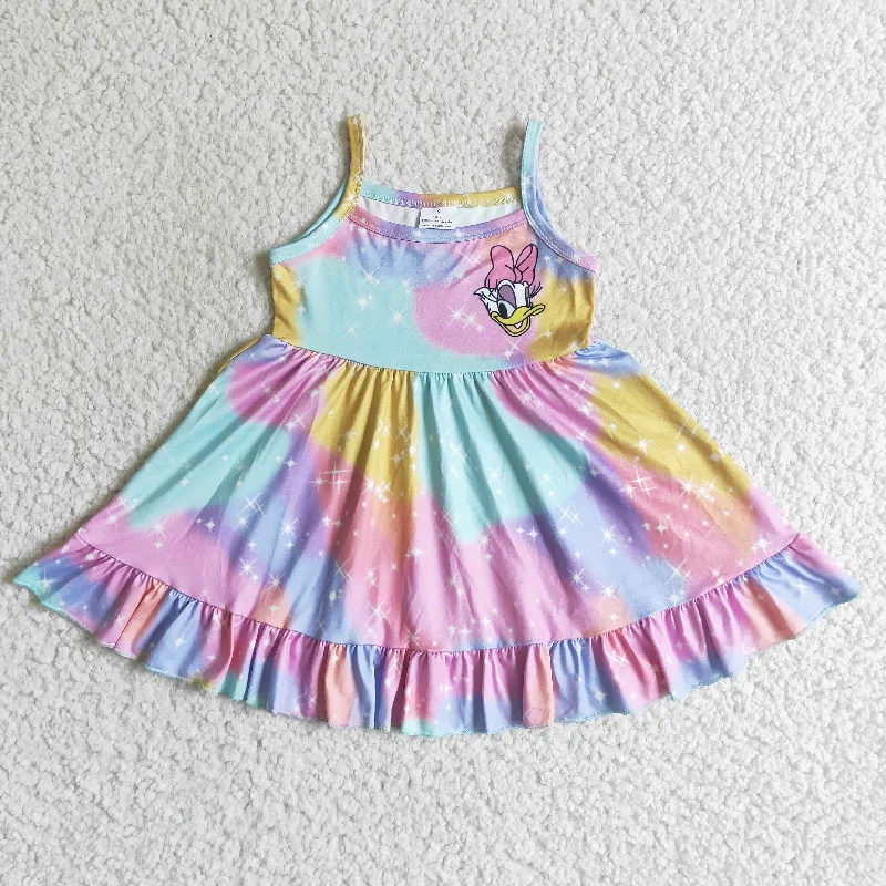 GSD0126 Pink Blue Tie Dye Duck Cartoon Girls Sleeveless Dresses Polished Men's Satin