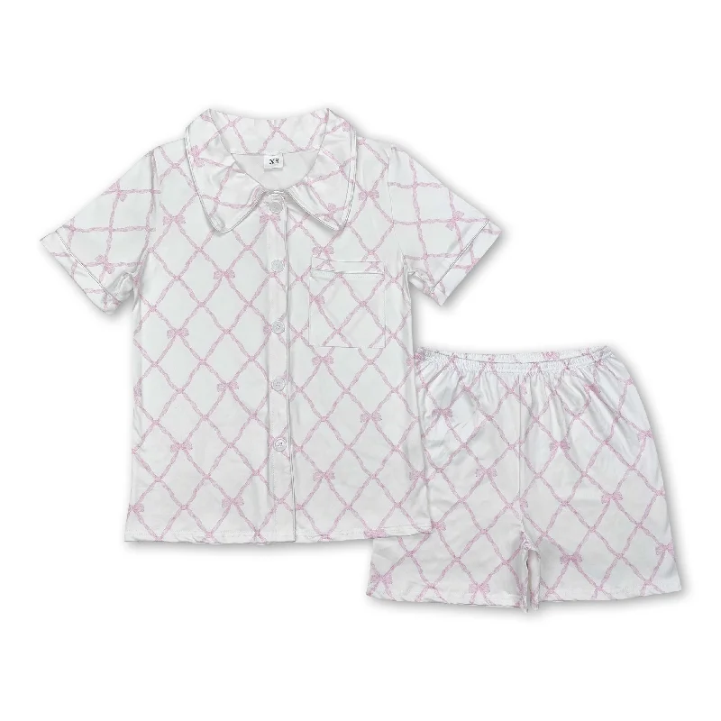 Short sleeves pink bow adult women button down pajamas