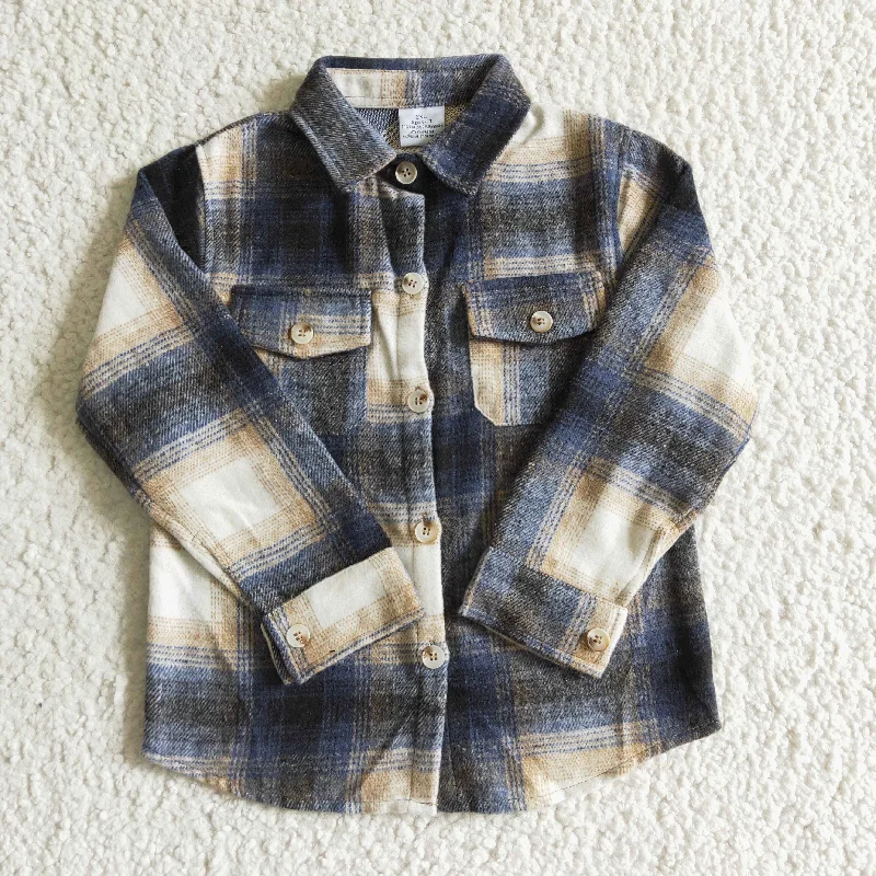 BT0117 Blue Plaid Boys Long Sleeve Top Winter Collar T-Shirts Unique Men's Upcycled