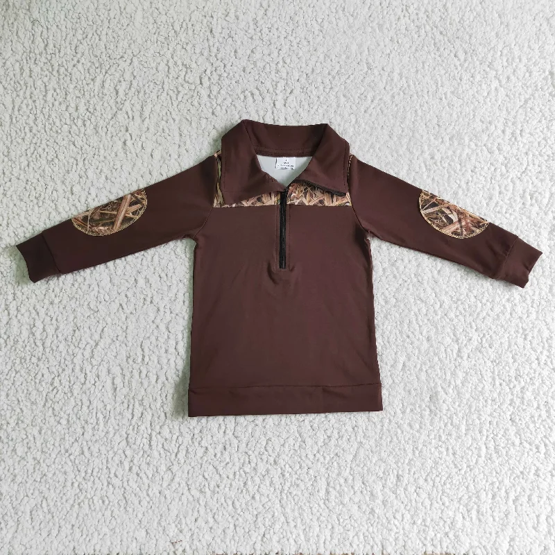 BT0070 Brown Leaf Leaves Boys Long Sleeve Top Collar Polo Pullover T-Shirts Modern Men's Geometric