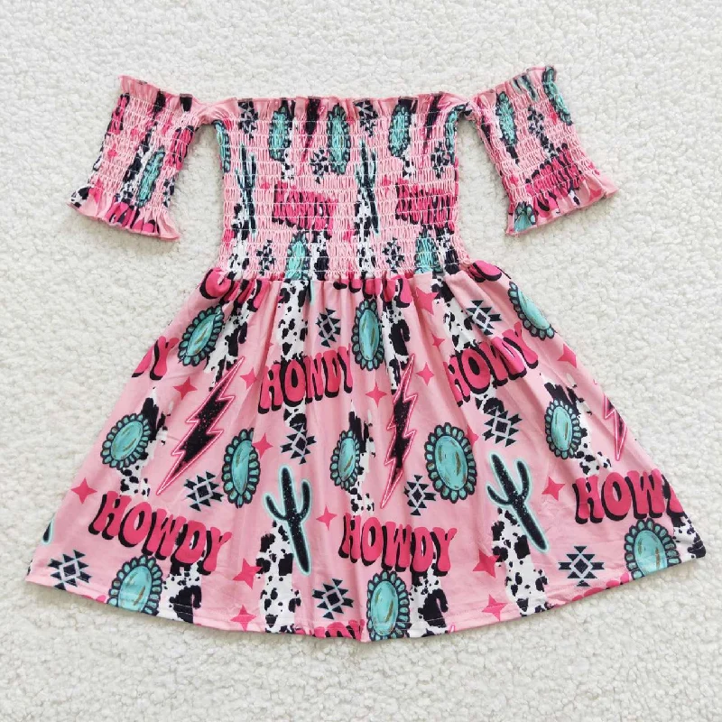 GSD0388 Pink Howdy Cowboy Blue Western Girl Girls Short Sleeve Dresses Practical Men's Quick