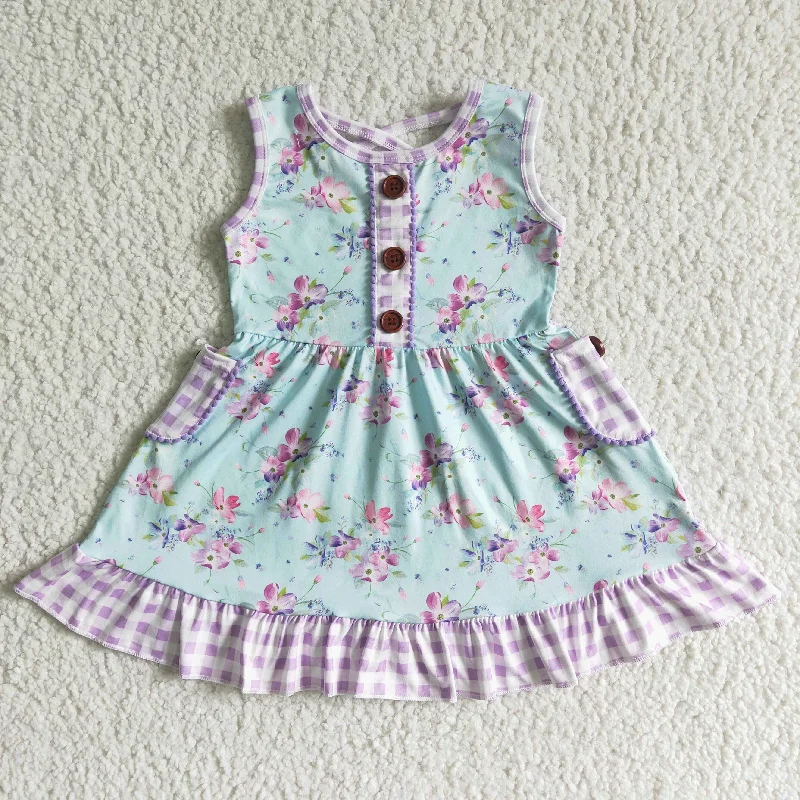 GSD0051 Blue Purple Floral Plaid Pockets Girls Sleeveless Dresses Hip Men's Urban