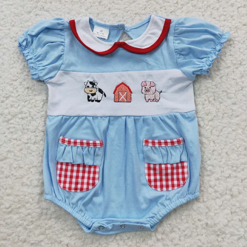 SR0263 Blue Red Plaid Farm Cow Pig Embroidery Girls Short Sleeve Romper Classic Men's Pin