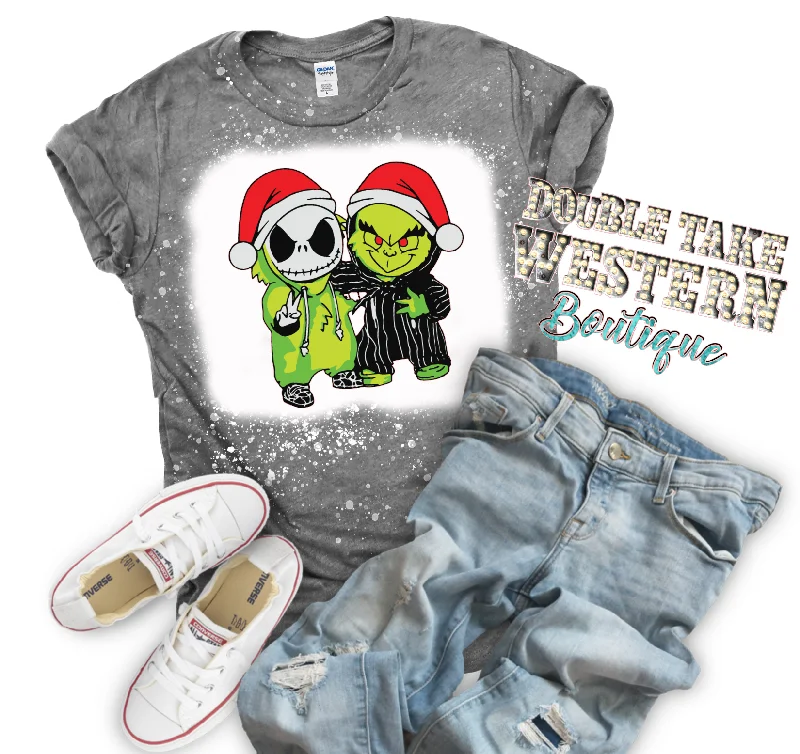 Grinch and Jack Skellington Christmas Bleached Graphic T-Shirt Sharp Men's Italian