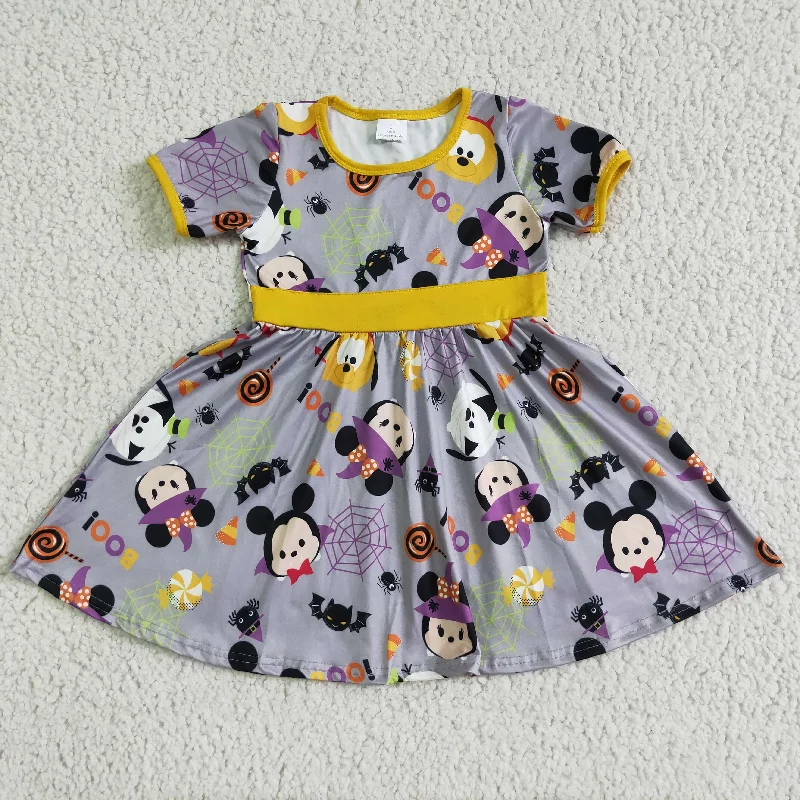 GSD0133 Halloween Purple Yellow Mouse Cartoon Girls Short Sleeve Dresses Tailored