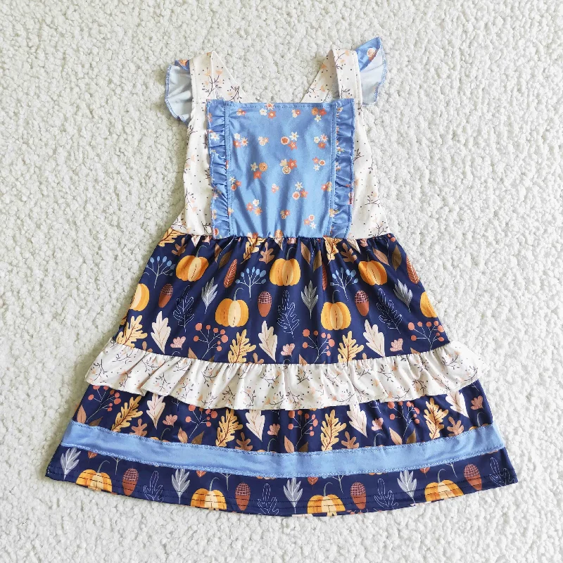 GSD0123 Halloween Pumpkin Floral Blue Patchwork Girls Short Sleeve Dresses Elegant Men's Cashmere