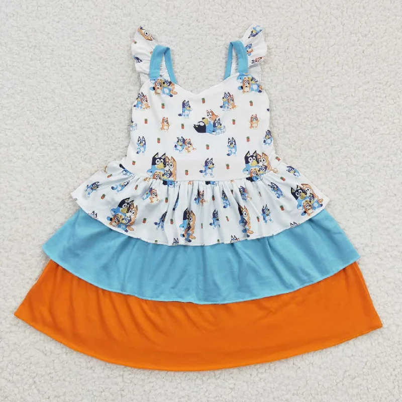 GSD0396 Blue Orange Dog Cartoon Ruffles Girls Flutter Sleeve Dresses Casual Men's Short