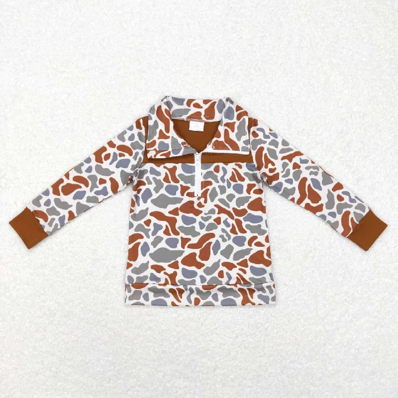 BT0468 Brown Leopard camo  Winter Boys Long Sleeve Top Collar T-Shirts Streetwear Style