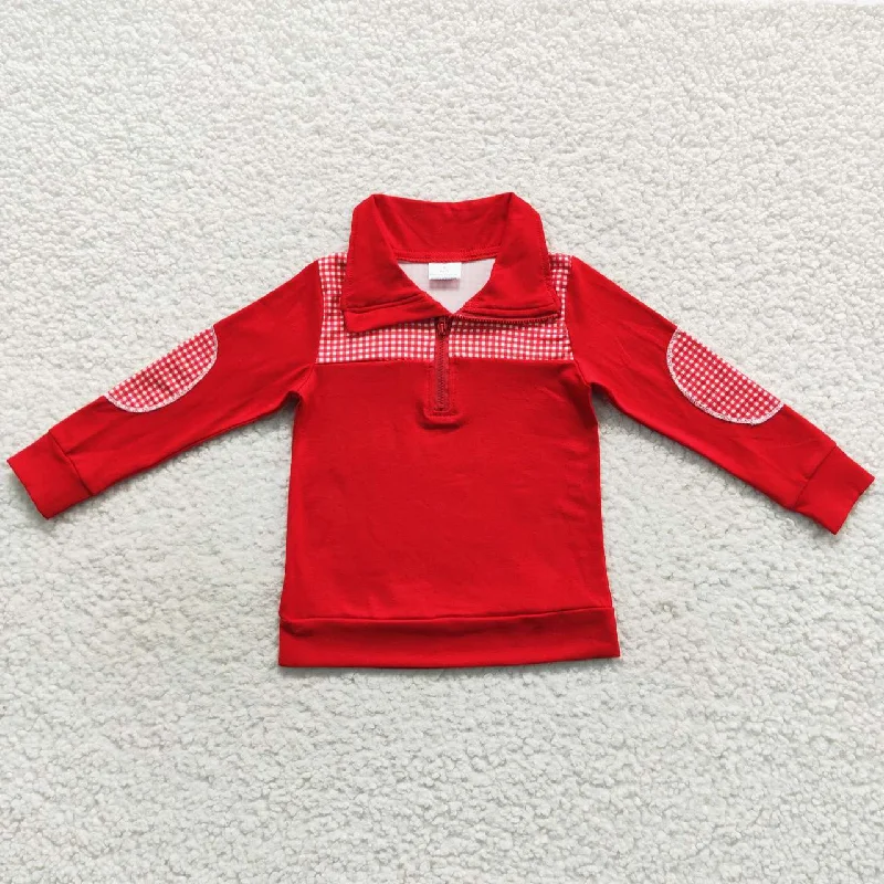 BT0291 Red Plaid  Winter Boys Long Sleeve Top Collar T-Shirts Athletic Men's High