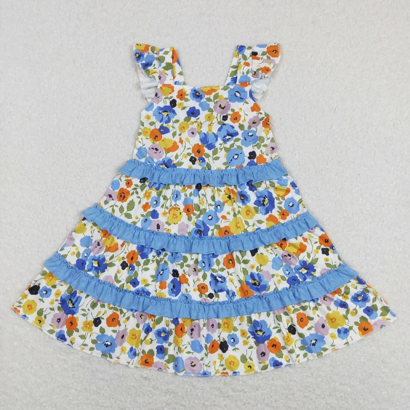 GSD0682  Blue Yellow Floral Ruffles  Girls Short Sleeve Dresses Practical Men's Quick