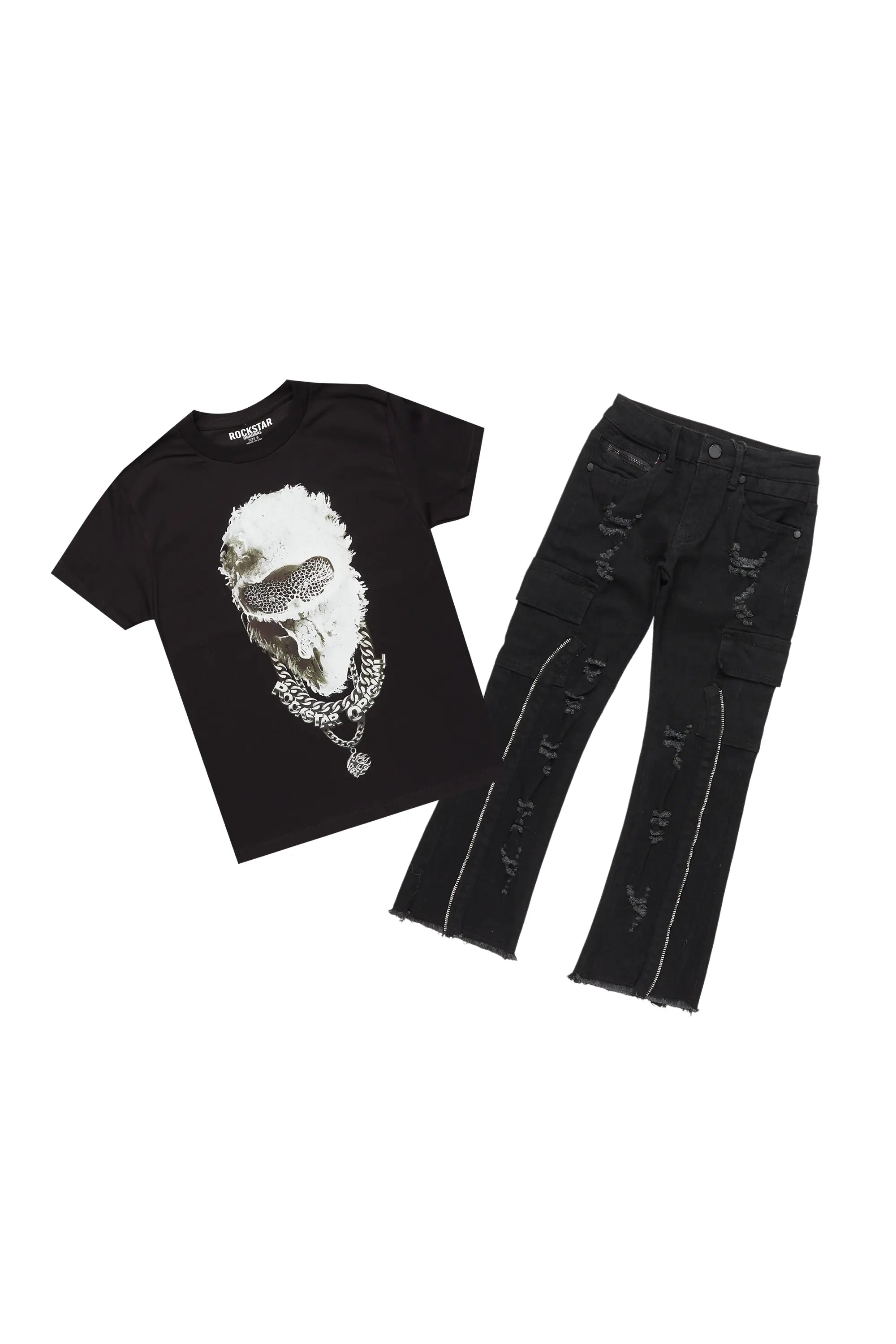 Boys Ponce Black T-Shirt/Stacked Flare Jean Set Trendy Men's Bucket