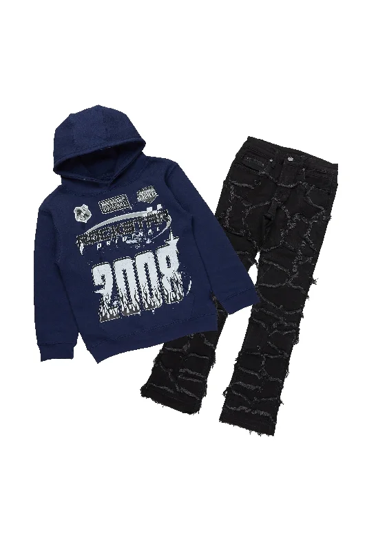 Boys Amos Navy Hoodie/Stacked Flare Jean Set