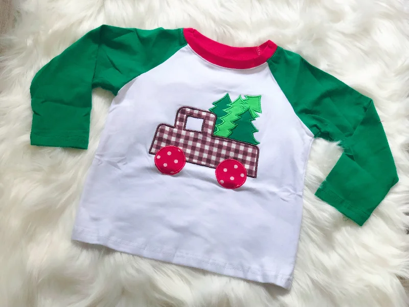 Christmas Tree Truck Applique Raglan Sophisticated Men's 