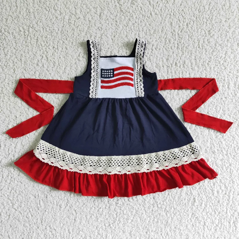 A9-3 4th Of July Red Blue Lace Embroidery Girls Belt Sleeveless Dresses