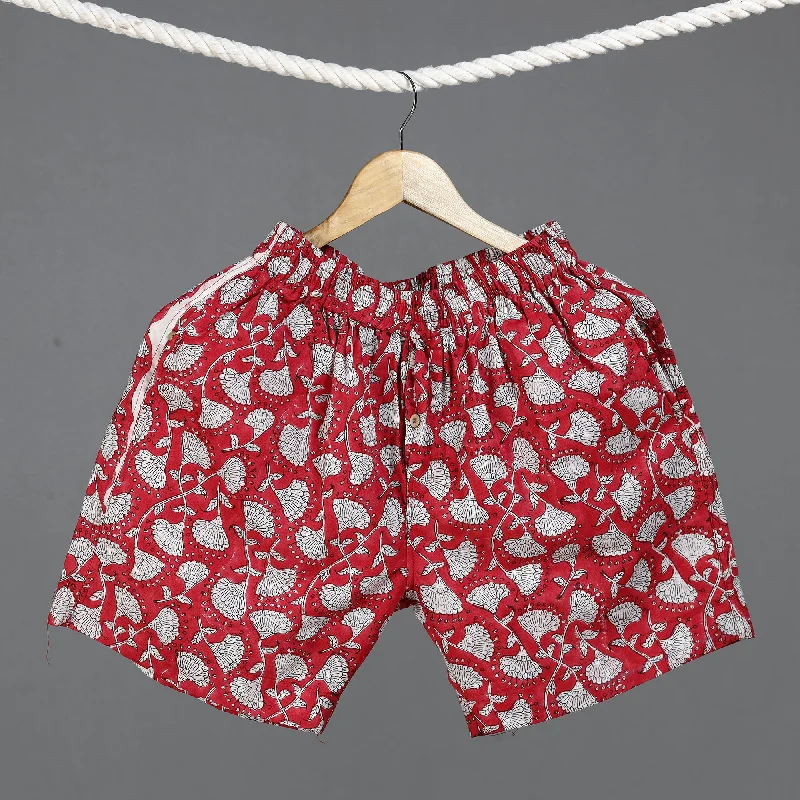 Red - Sanganeri Block Printed Cotton Unisex Boxer/Shorts Monochromatic Office Style