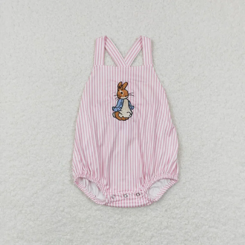 SR0462  Easter Rabbit  Pink Embroidery  Girls Short Sleeve Romper Refined Men's Velvet