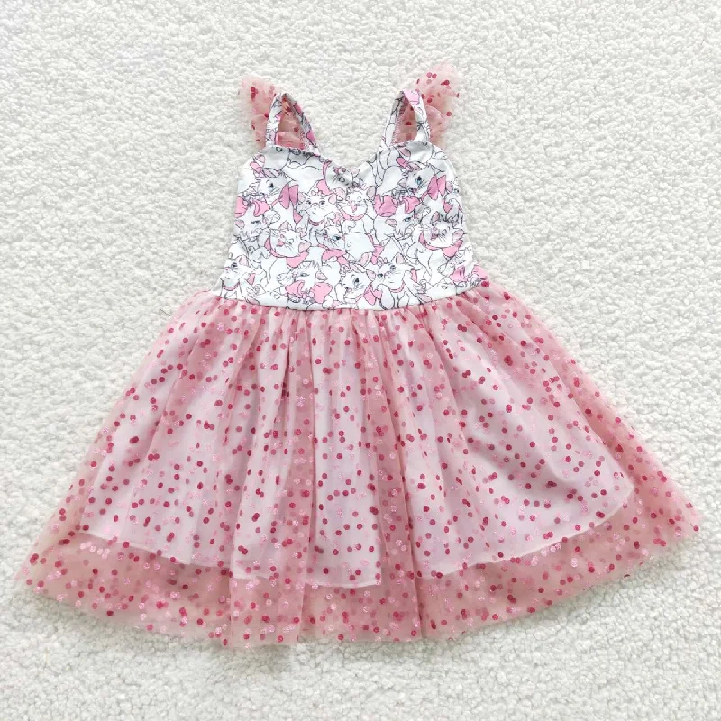 GSD0360 Pink Cat Cartoon Tulle Tutu Girls Short Sleeve Dresses Trendy Men's Bucket