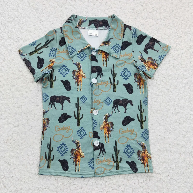 BT0214 Green Highland Cow Cowboy Cactus Rodeo Western Boys Short Sleeve Top Collar T-Shirts Cozy Men's Sherpa