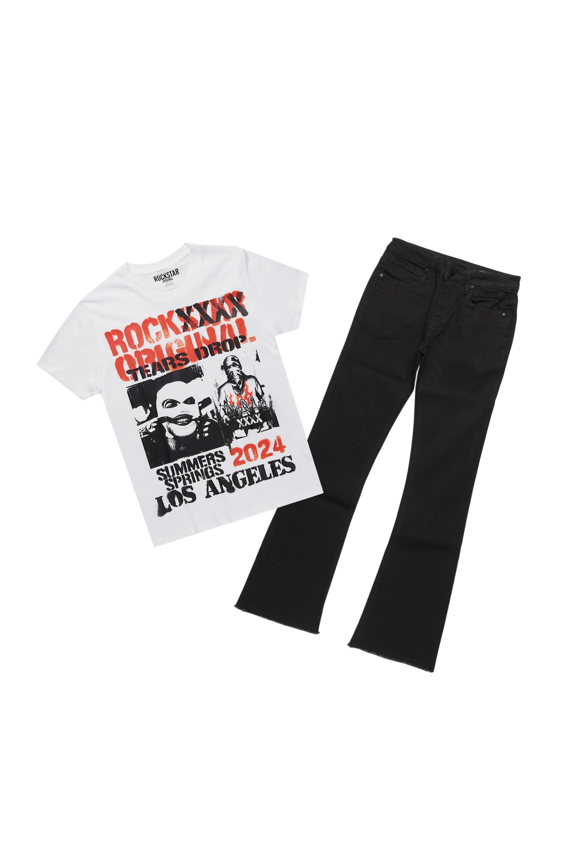 Boys Omer White T-Shirt/Stacked Flare Jean Set