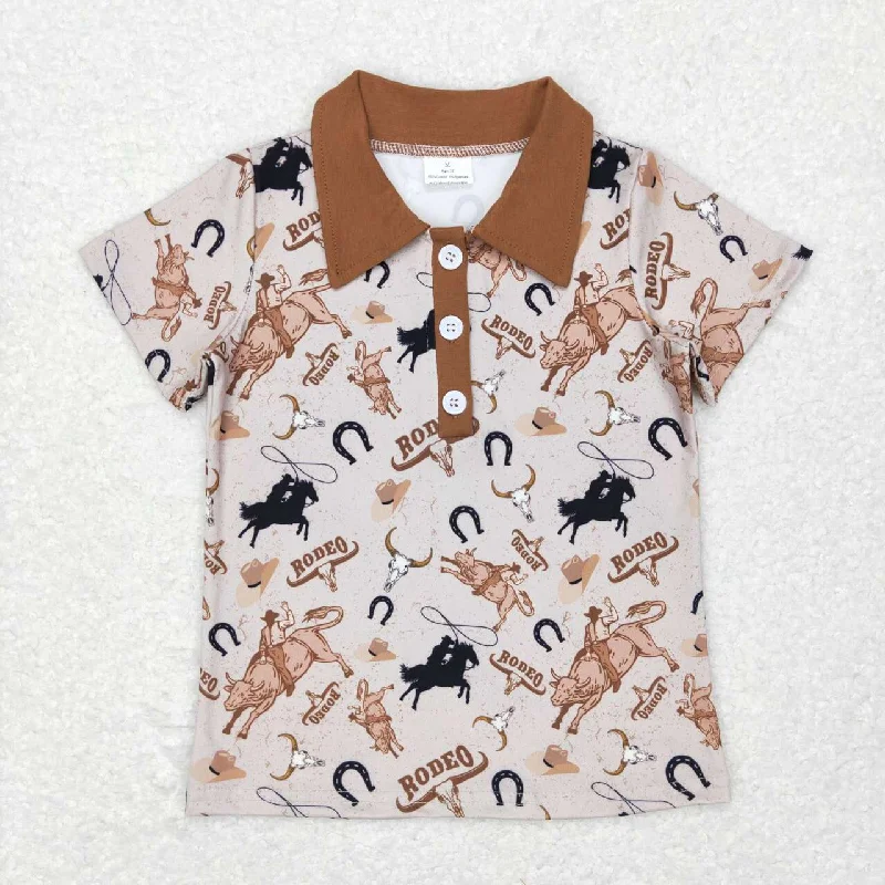 BT0429  Brown cowboy western cow  Boys Short Sleeve Top Collar T-Shirts Modern Men's Tech