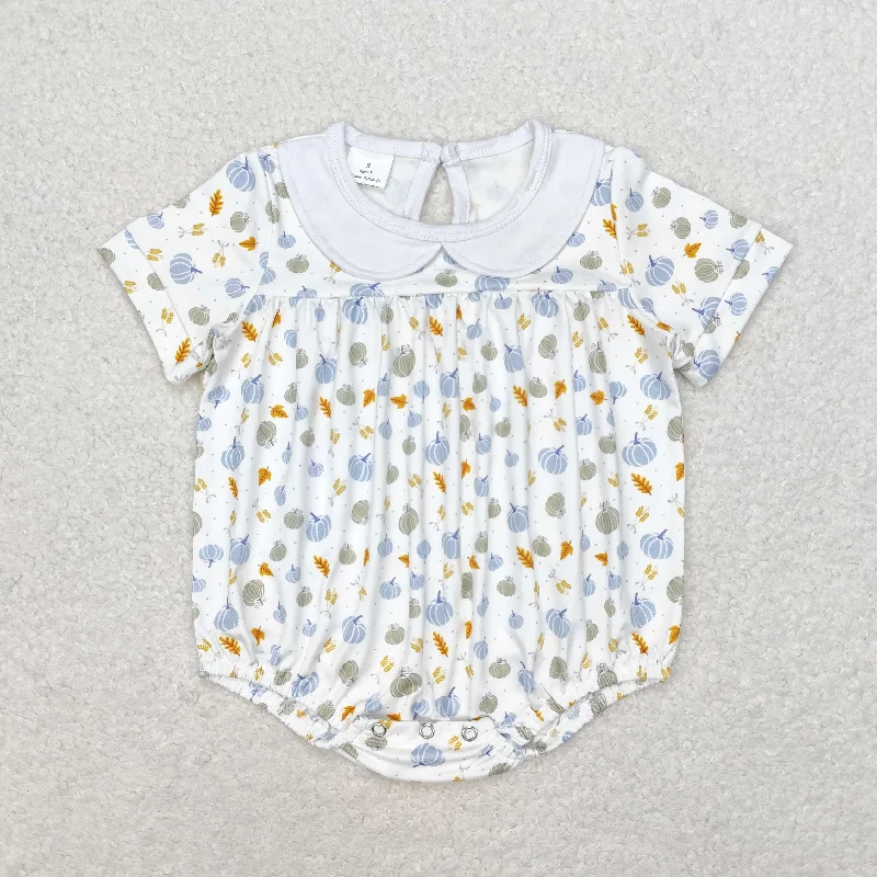 SR1698 Blue pumpkin leaf doll collar white short sleeve romper High quality baby romper for girls zipper Bold Men's Animal