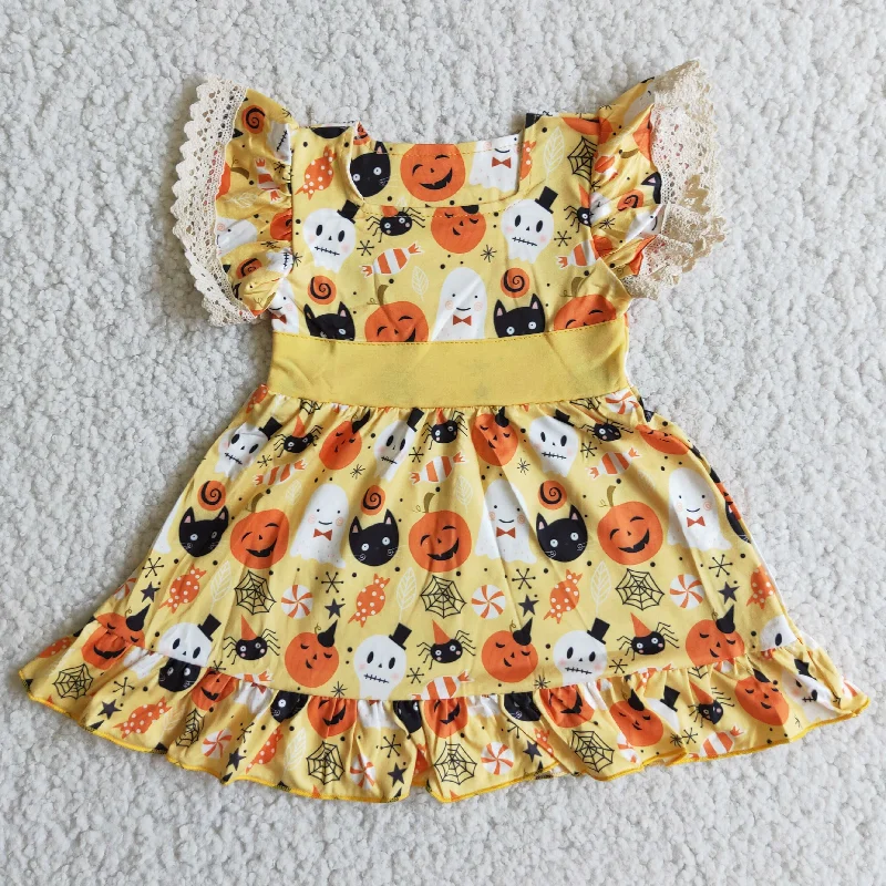 Clearance B10-9 Halloween Orange Pumpkin Floral Lace Pockets Ruffles Girls Short Sleeve Dresses Elegant Men's Cashmere