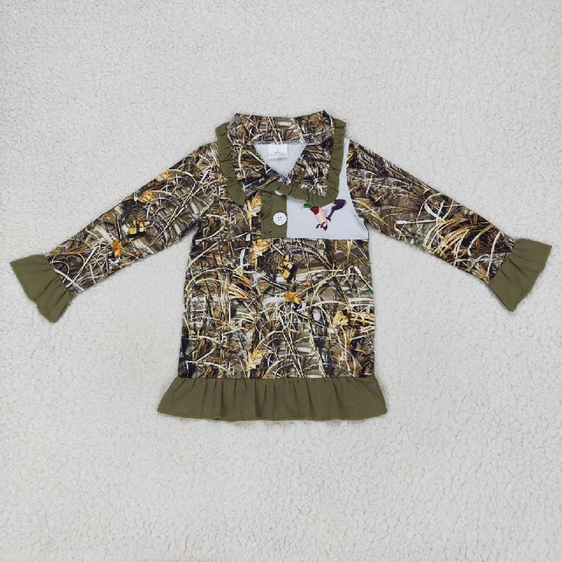 GT0312  Brown Camo Duck Girls Long Sleeve Top Collar Polo Pullover T-Shirts Organic