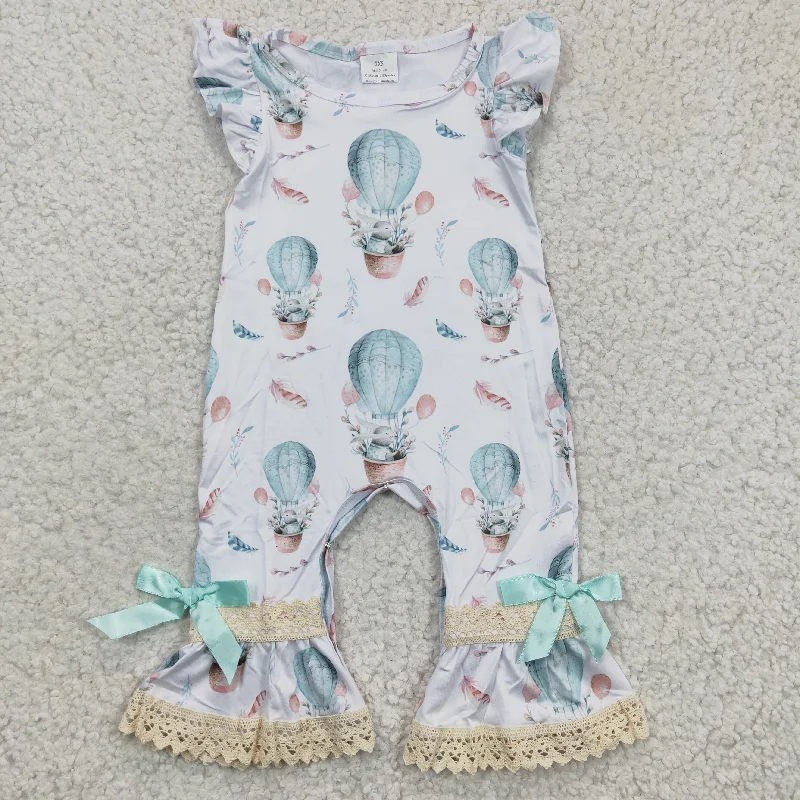 Easter Air Balloon Rabbit Green Girls Short Sleeve Romper Laid