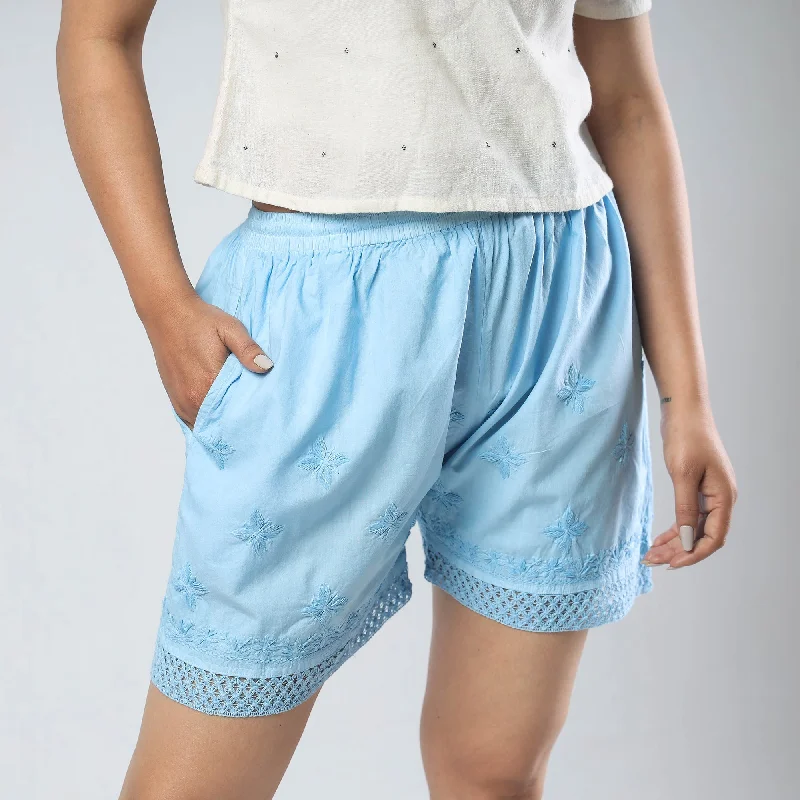 Blue - Chikankari Hand Embroidered Cotton Short Preppy Men's College