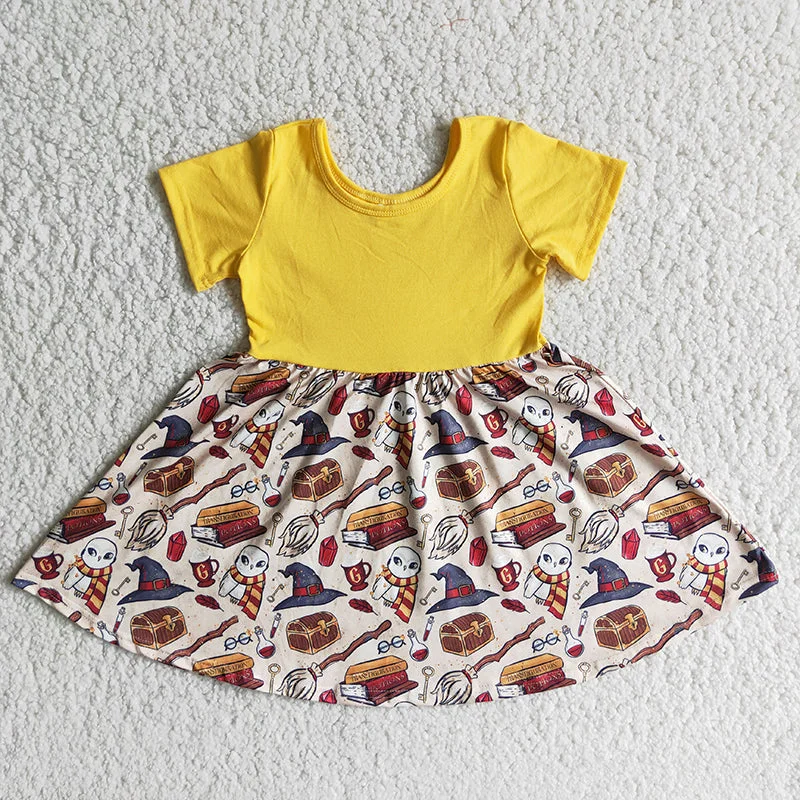 B15-1 Yellow Magic Cartoon Girls Short Sleeve Dresses Cool Men's Distressed