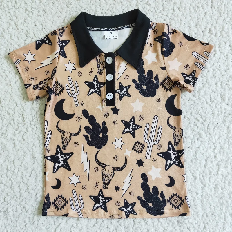 BT0019 Highland Cows Cactus Cowboy Starts Western Polo Short Sleeve Top Boys Collar T-Shirts Traditional Men's Wool