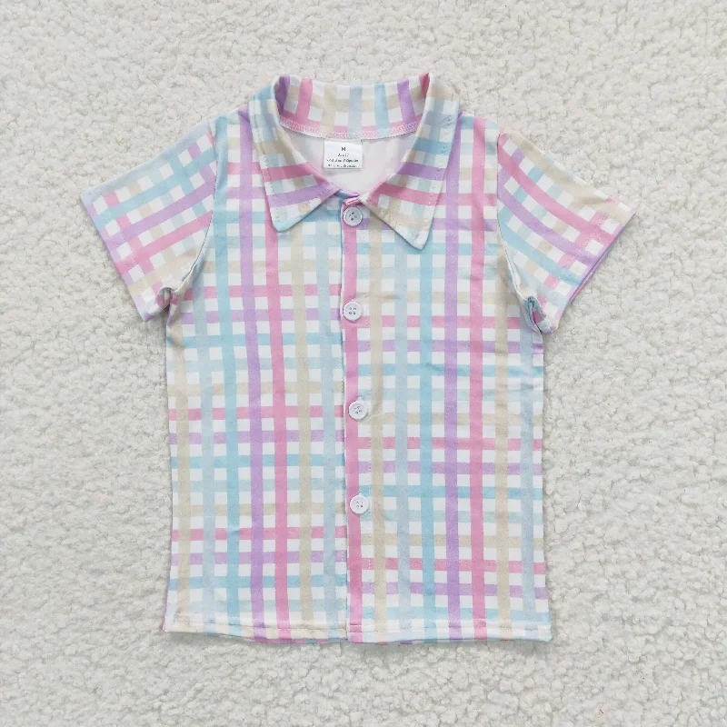 BT0215  Pink Blue Plaid  Boys Short Sleeve Top Collar T-Shirts Cool Men's Distressed