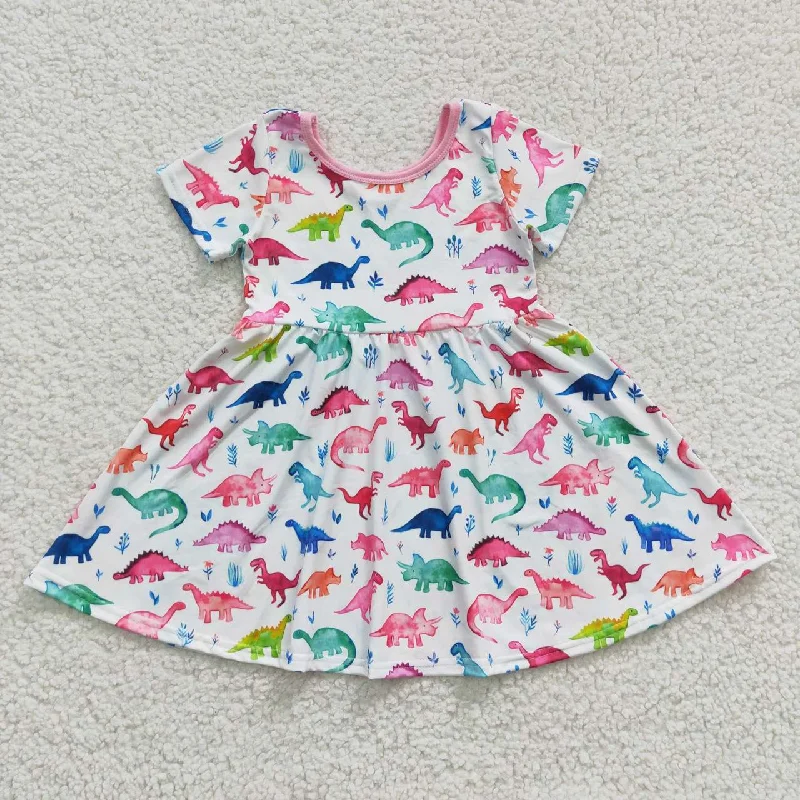 Aa-10  Dinosaur Pink Blue Girls Short Sleeve Dresses Business