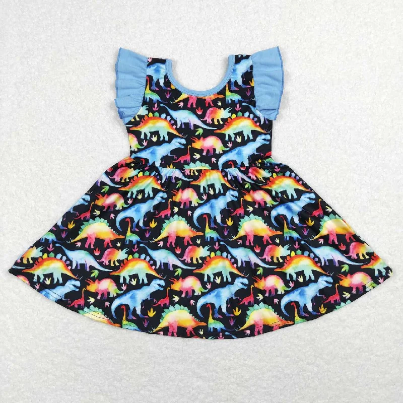 GSD0516 Blue Dinosaur cartoon  Girls Short Sleeve Dresses Minimalist Men's Casual 