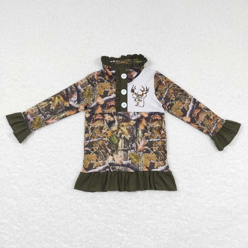 GT0311  Brown Green Camo Deer Girls Long Sleeve Top Collar Polo Pullover T-Shirts Luxurious Men's High