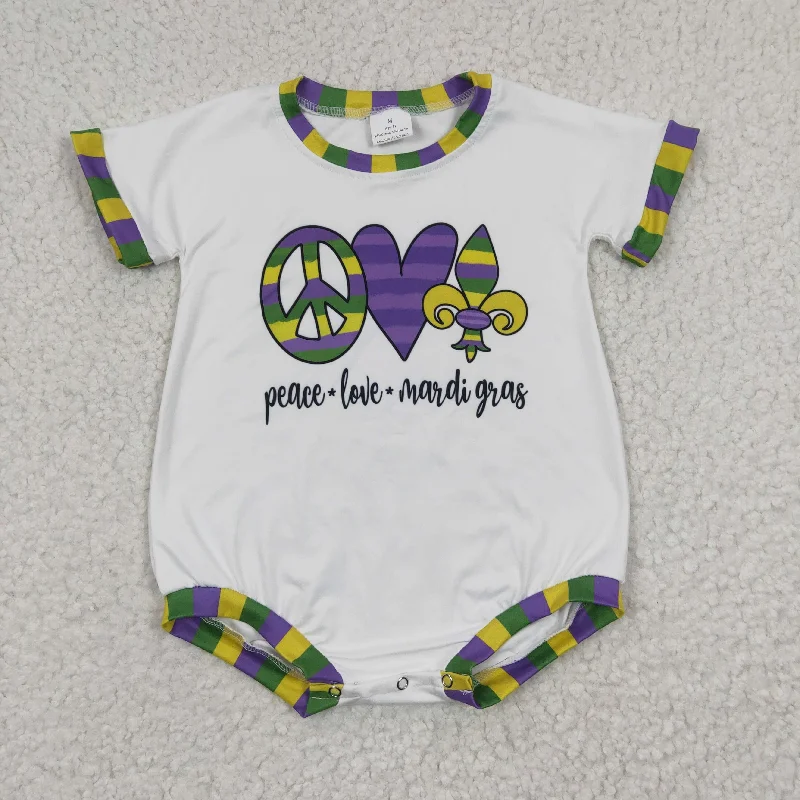 SR0123 Purple Peace Love Mardi Gras Girls Short Sleeve Romper Confident Men's High