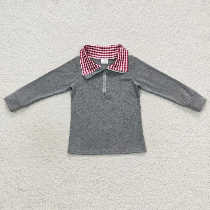 BT0282 Grey Red  Plaid  Winter Boys Long Sleeve Top Collar T-Shirts Monochromatic Office Style