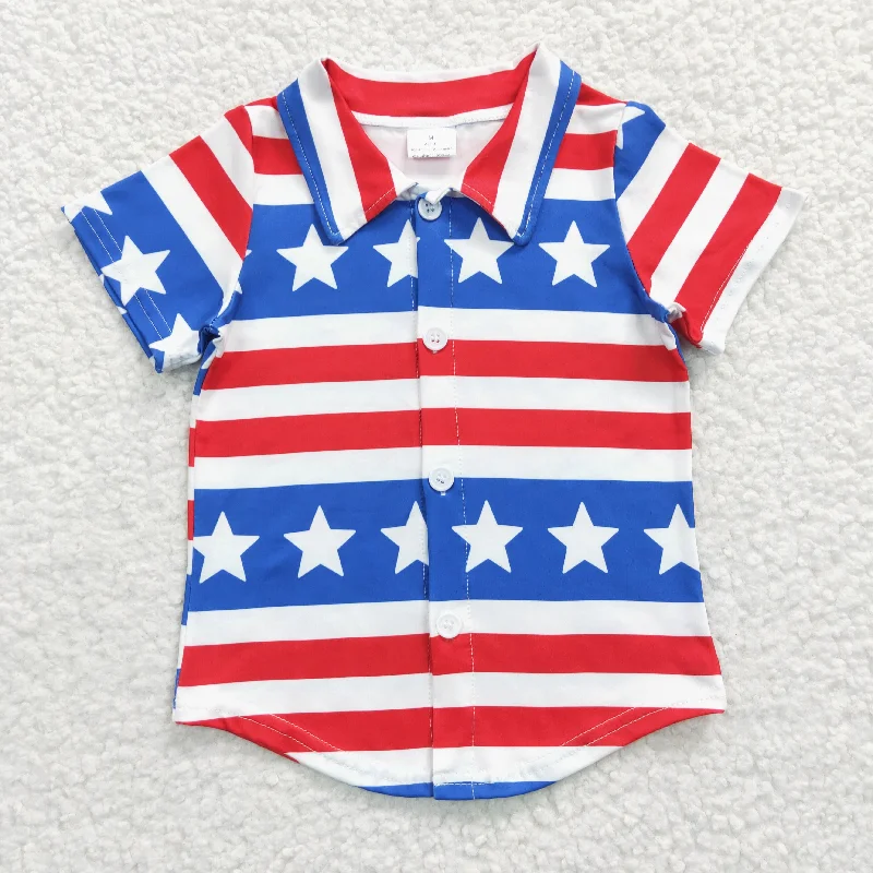 BT0196 4th Of July Red Blue Flag Star Stripes Boys Short Sleeve Top Collar T-Shirts Traditional Men's Wool