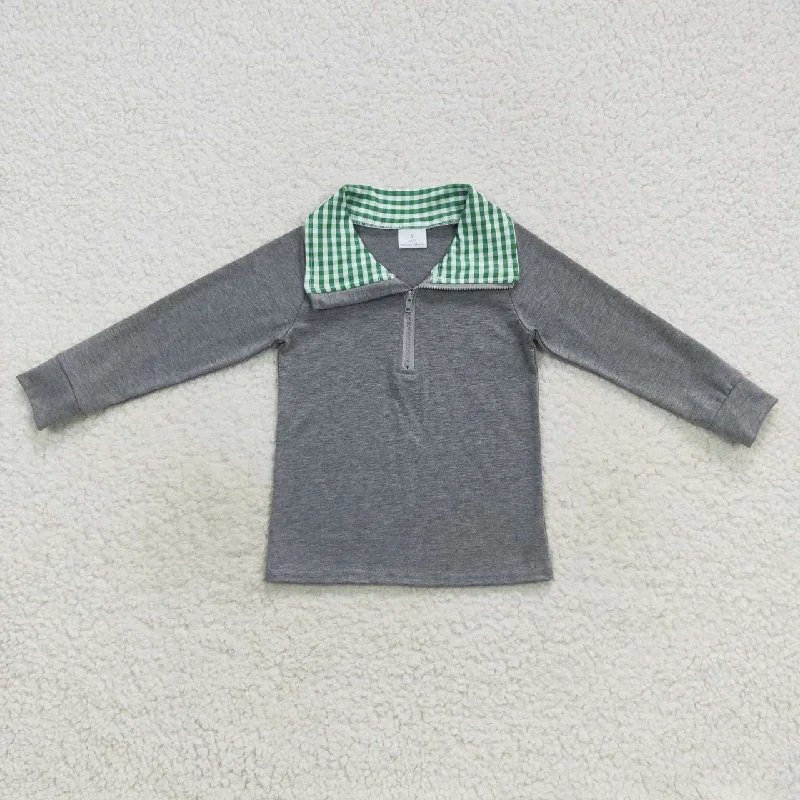 BT0281  Grey Green Plaid  Winter Boys Long Sleeve Top Collar T-Shirts Sophisticated Men's French