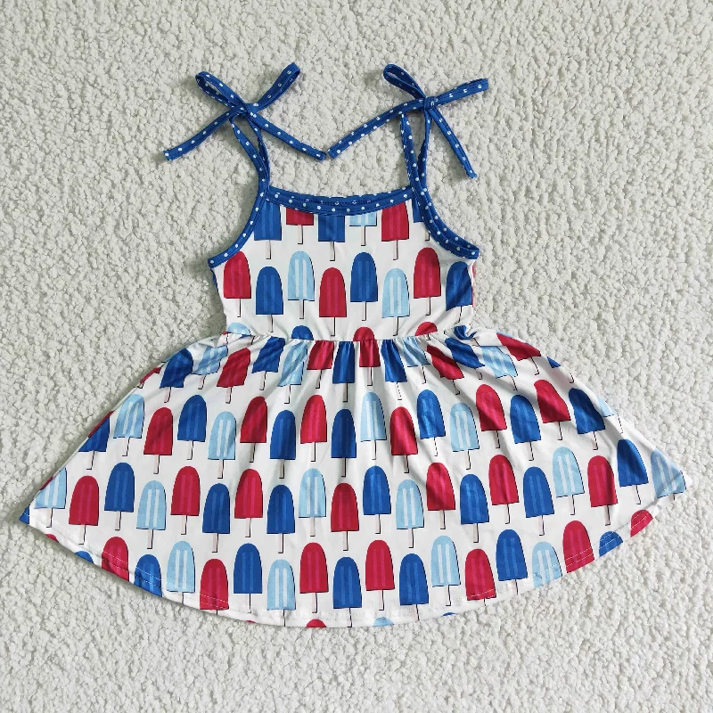 A16-15 4th Of July Ice Cream Popsicle Red Blue Girls Sleeveless Dresses Lumberjack